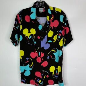 Mickey Mouse Heads Color Graphic Short Sleeve Rayon Button Up Shirt Size Small